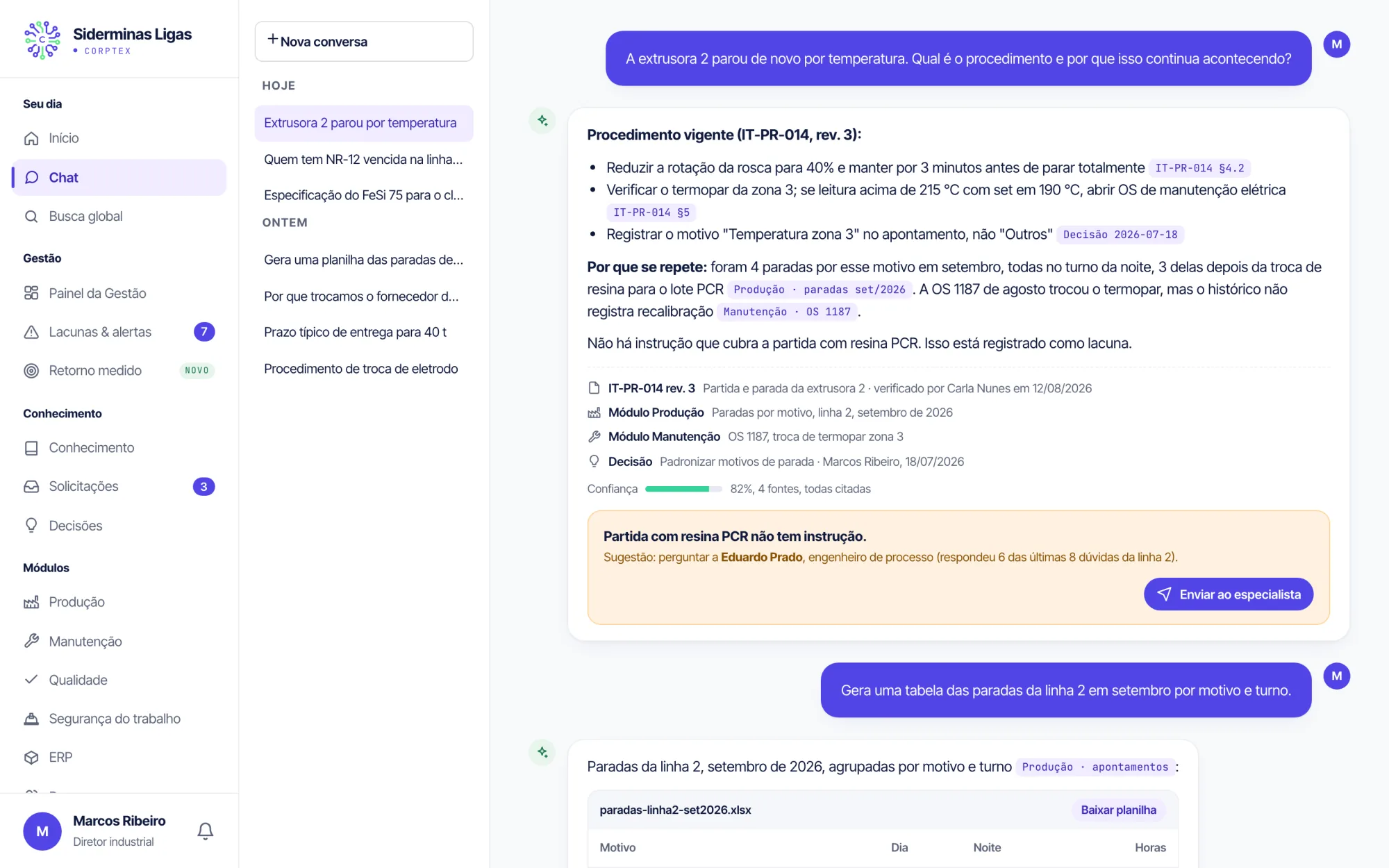 Chat do Corptex respondendo com a instrução de trabalho citada e sugerindo o especialista