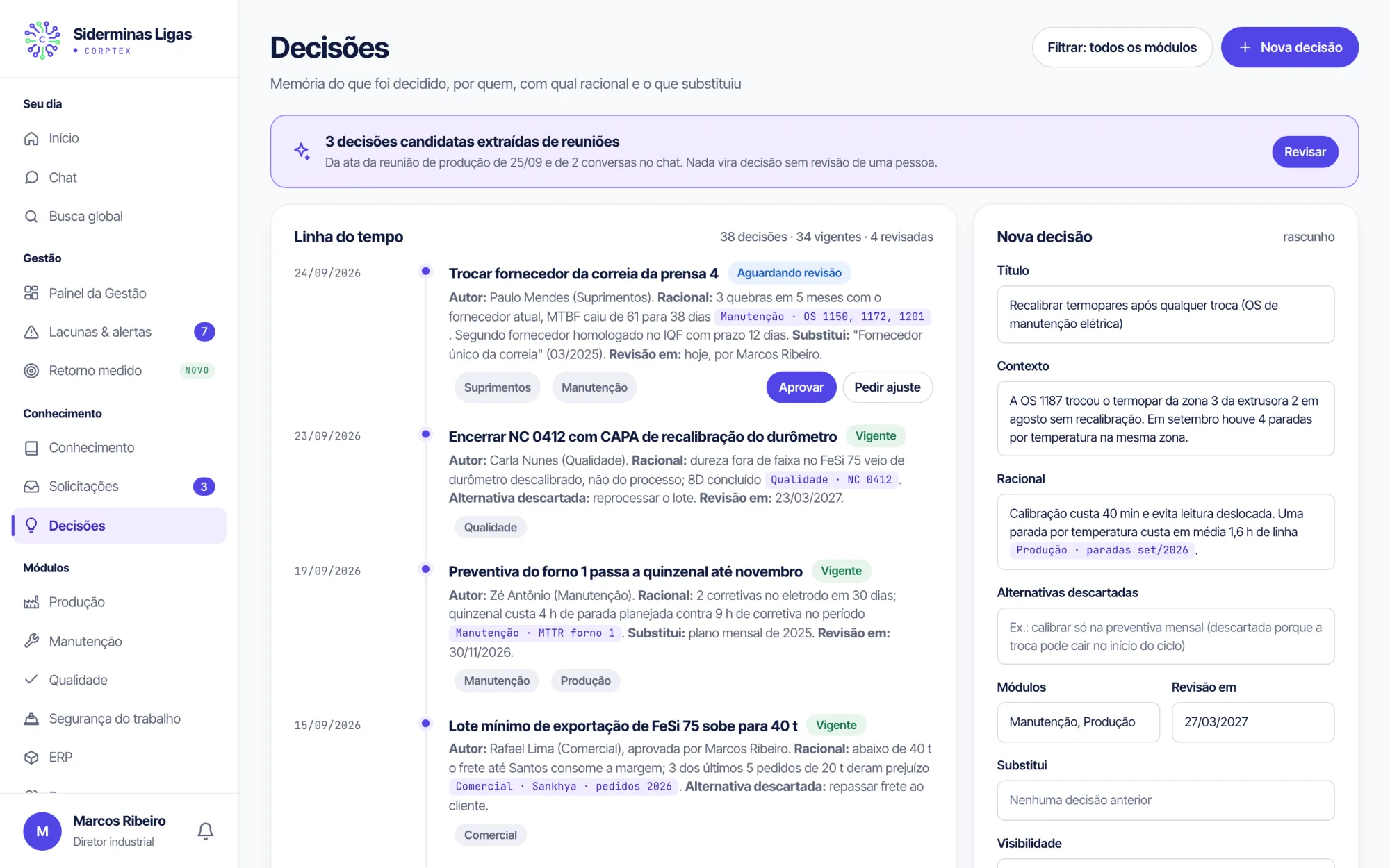 Memória de decisões do Corptex com autor, data, racional e o que cada decisão substituiu